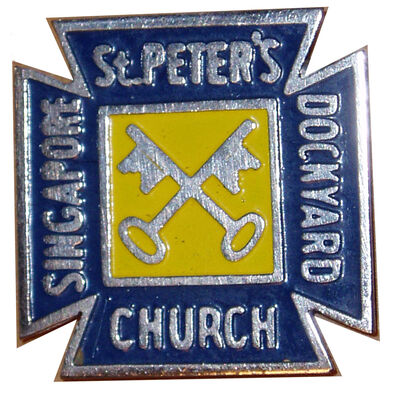 St Peters Church - Youth Club
1961. St Peters Church Youth Club pin badge. The youth club ran many activities to keep the youngsters on the Naval Base occupied. Banyans, BBQ's and trips to see groups like the Rolling Stones in downtown Singapore. 
