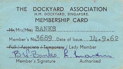 Singapore Naval Base - The Dockyard Club Membership Card
Just about all MoD Navy Civilian Staff and families became members and supported The Dockyard Club. Many joined the various Committees within the Club to organise social activities for the membership. 
Keywords: Naval; Navy; Photography; 